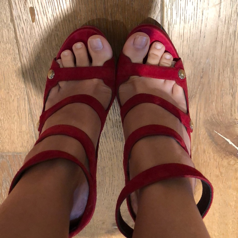 Casadei red suede and satin platforms